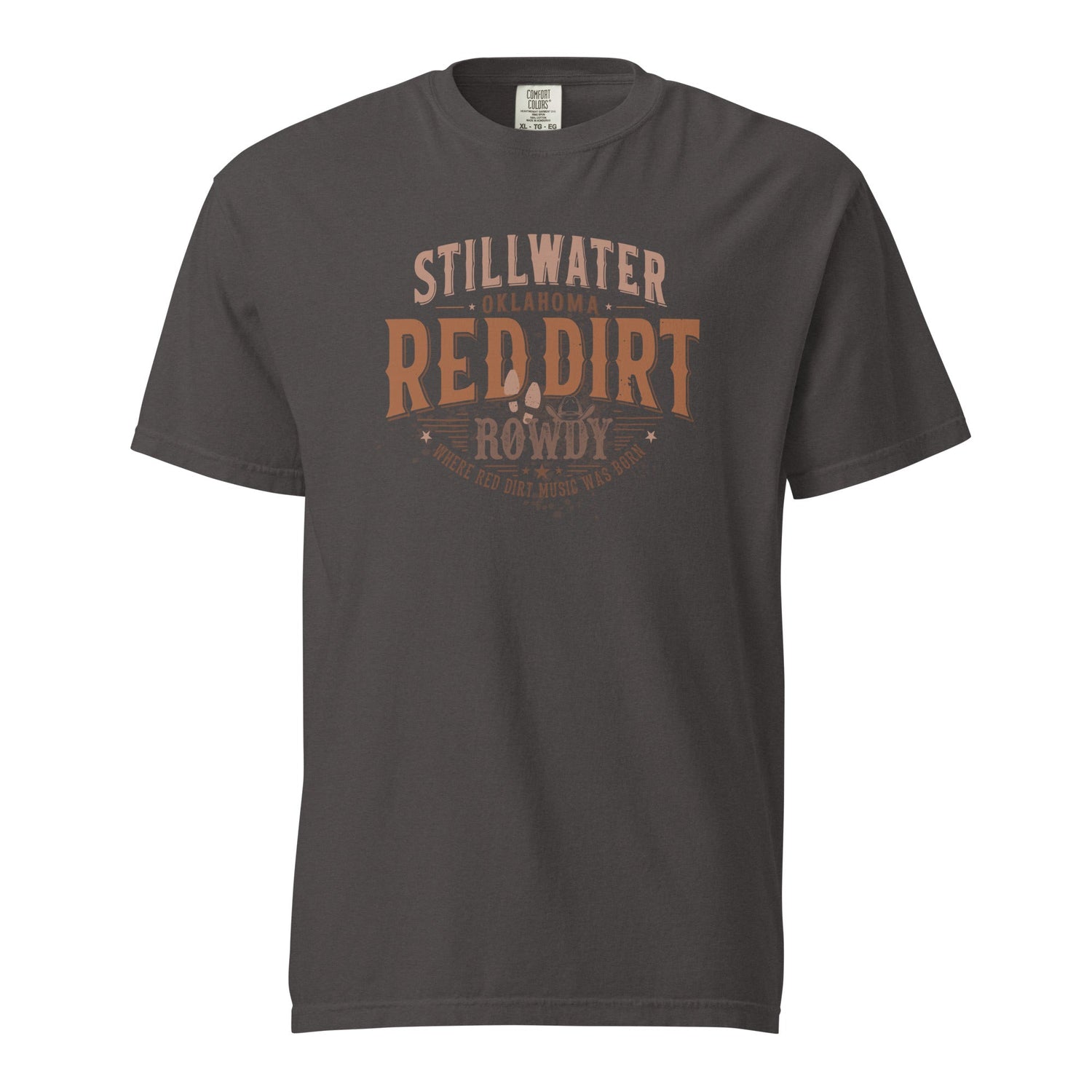 White shirt with graphic of guitar and Oklahoma state outline and words Red Dirt America and Stillwater.