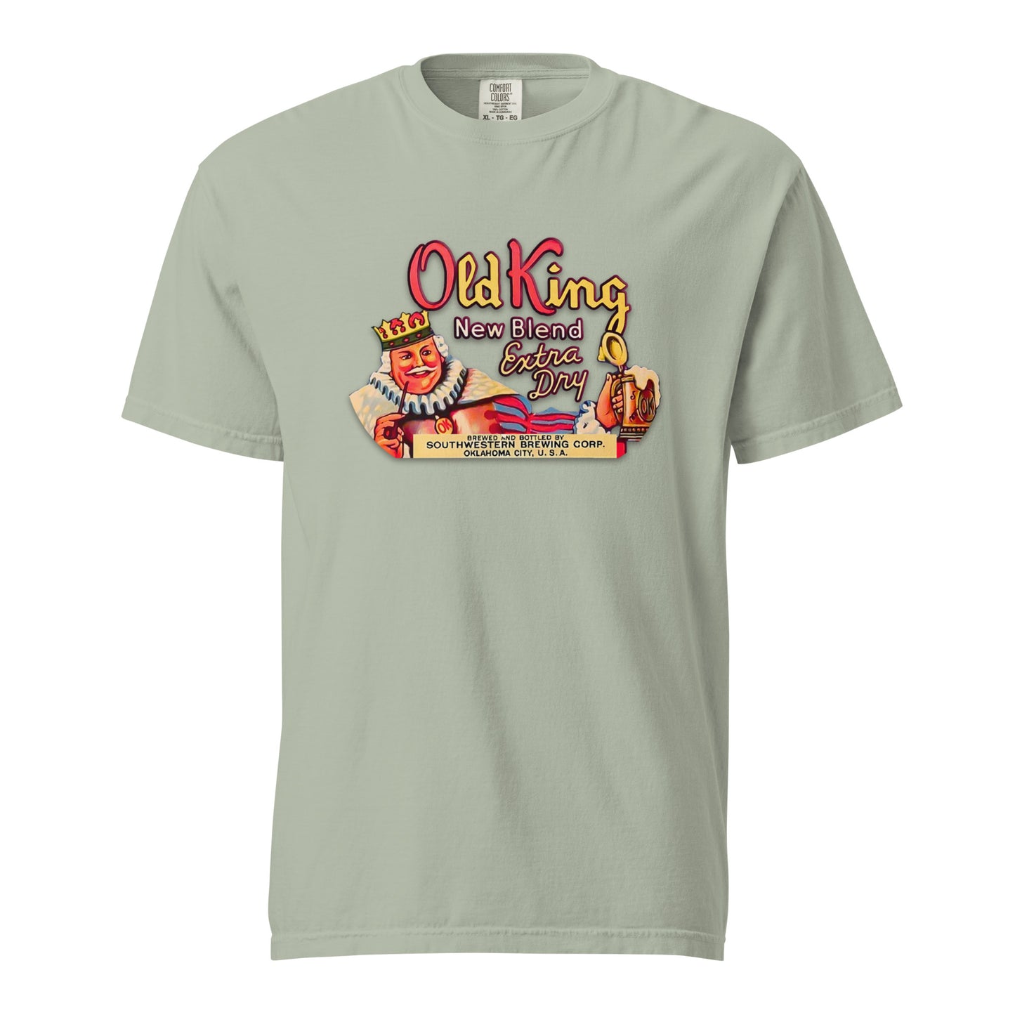 Comfort Colors t-shirt with vintage Old King Beer artwork featuring crowned king, beer stein, and “New Blend Extra Dry” label design
