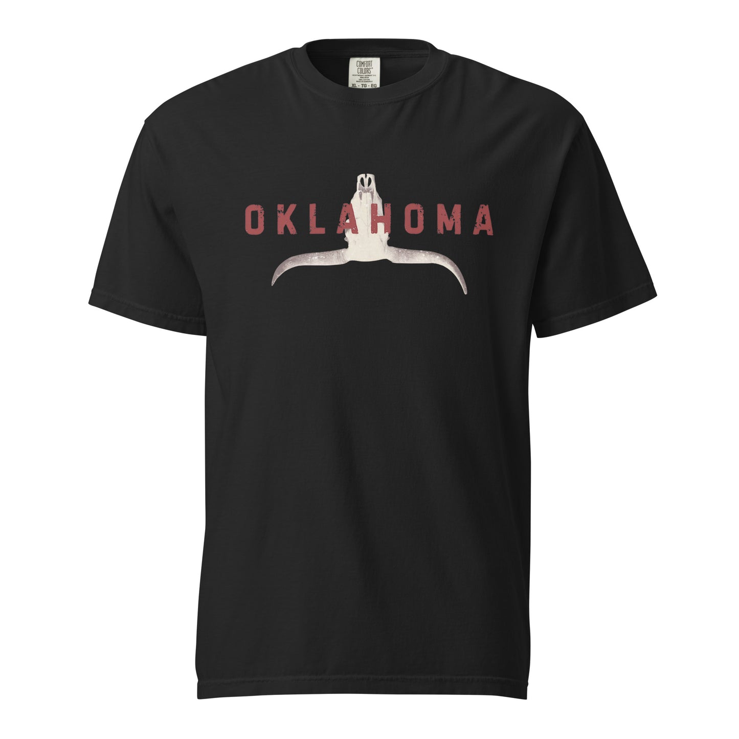 t-shirt featuring a stylized longhorn skull with "Oklahoma" in distressed lettering across the chest.