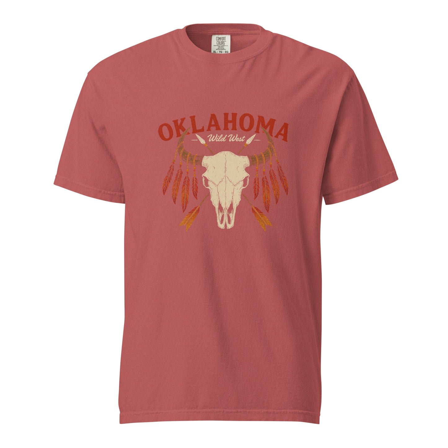Comfort Colors t-shirt with bison skull, crossed spears, and red-orange feather design above “Oklahoma Wild West” text