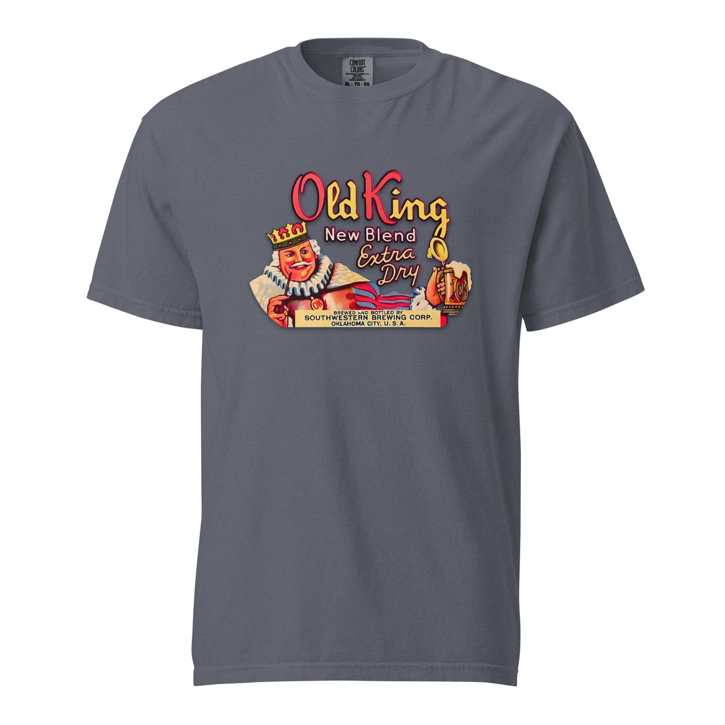 Comfort Colors t-shirt with vintage Old King Beer artwork featuring crowned king, beer stein, and “New Blend Extra Dry” label design