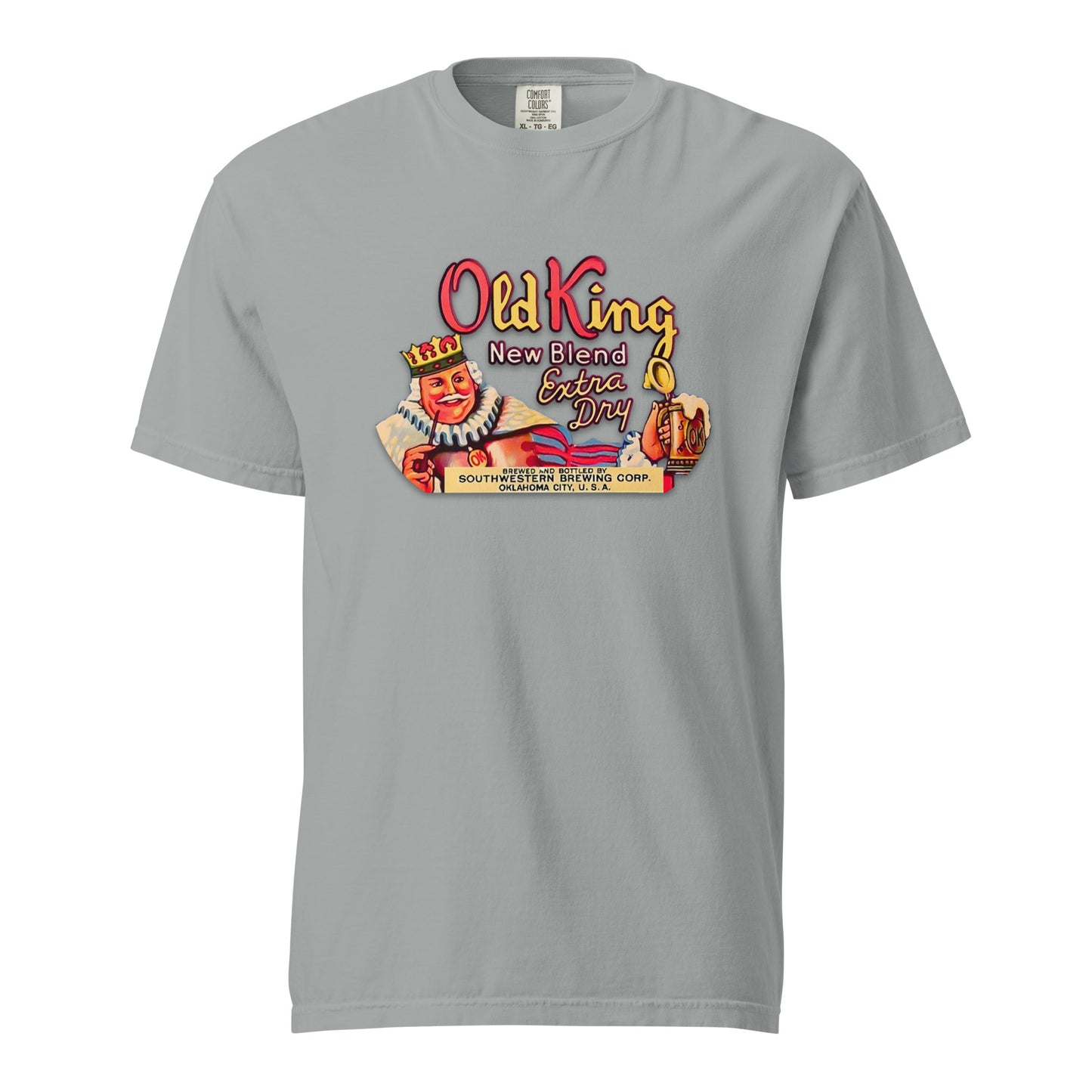 Comfort Colors t-shirt with vintage Old King Beer artwork featuring crowned king, beer stein, and “New Blend Extra Dry” label design