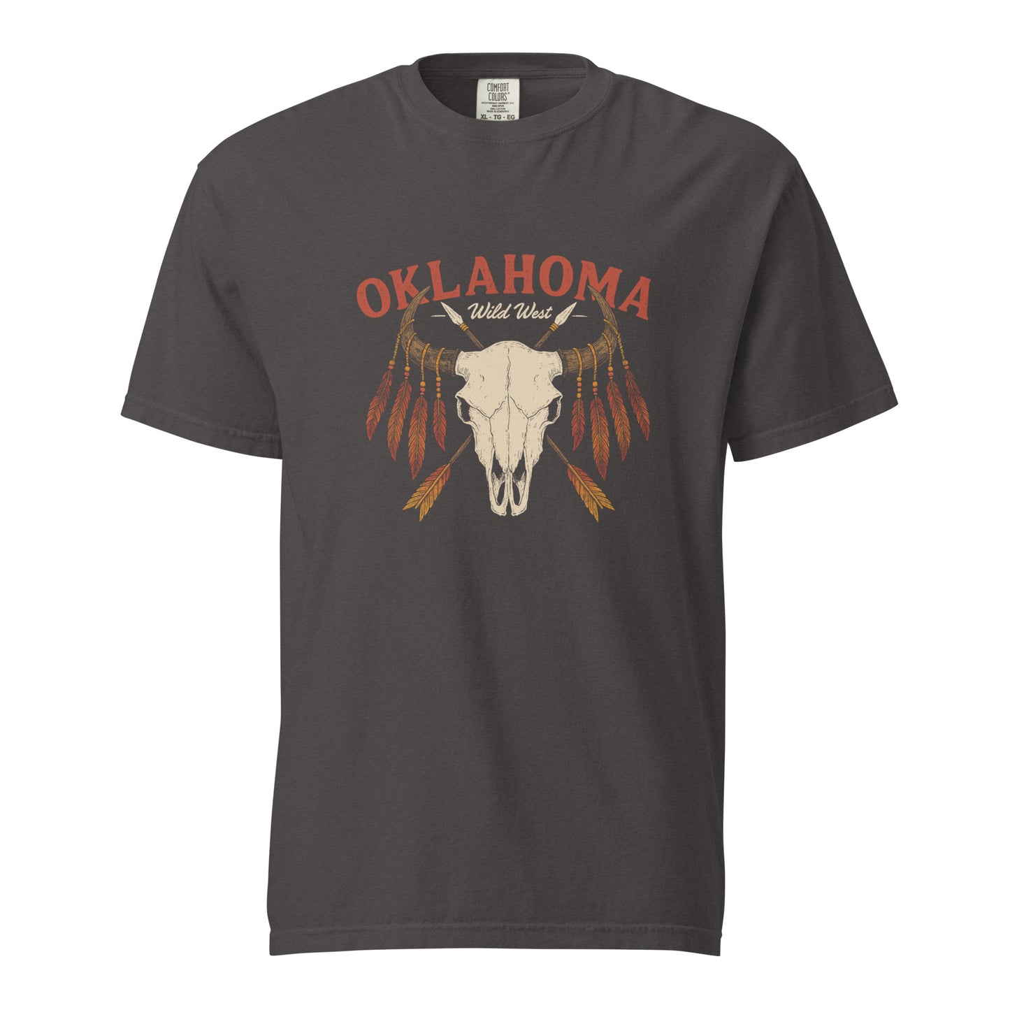 Comfort Colors t-shirt with bison skull, crossed spears, and red-orange feather design above “Oklahoma Wild West” text