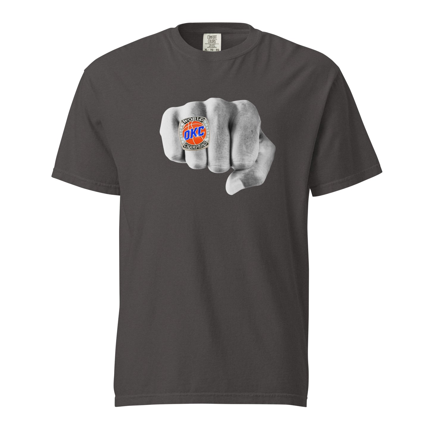 Celebrate the Thunder’s 2025 NBA Championship with this OKC Championship Ring tee. Garment‑dyed Comfort Colors, heavy‑weight 100% ring‑spun cotton, and printed in the USA. Honor your team and wear history with pride in every stitch.
