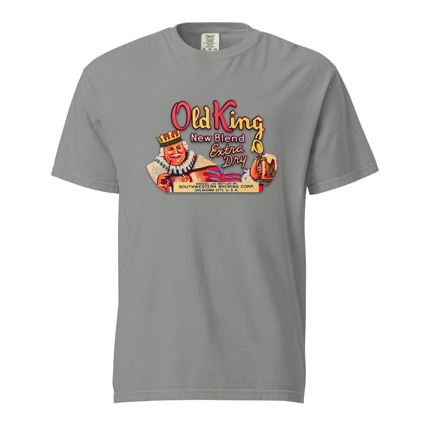 Comfort Colors t-shirt with vintage Old King Beer artwork featuring crowned king, beer stein, and “New Blend Extra Dry” label design