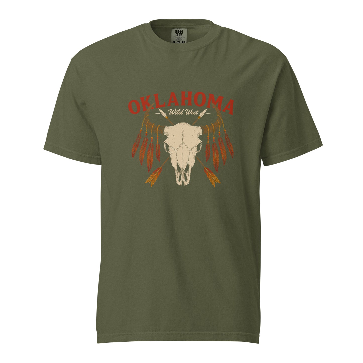 Comfort Colors t-shirt with bison skull, crossed spears, and red-orange feather design above “Oklahoma Wild West” text