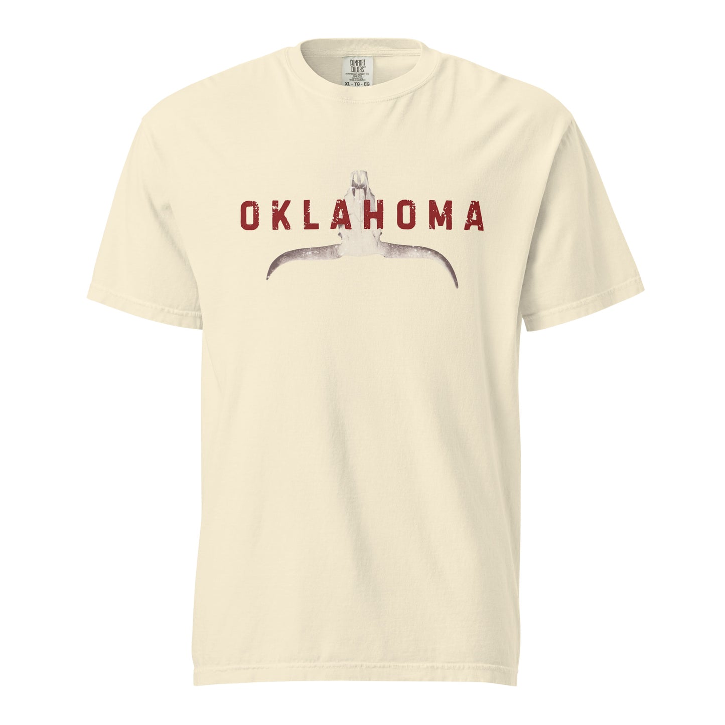 t-shirt featuring a stylized longhorn skull with "Oklahoma" in distressed lettering across the chest.