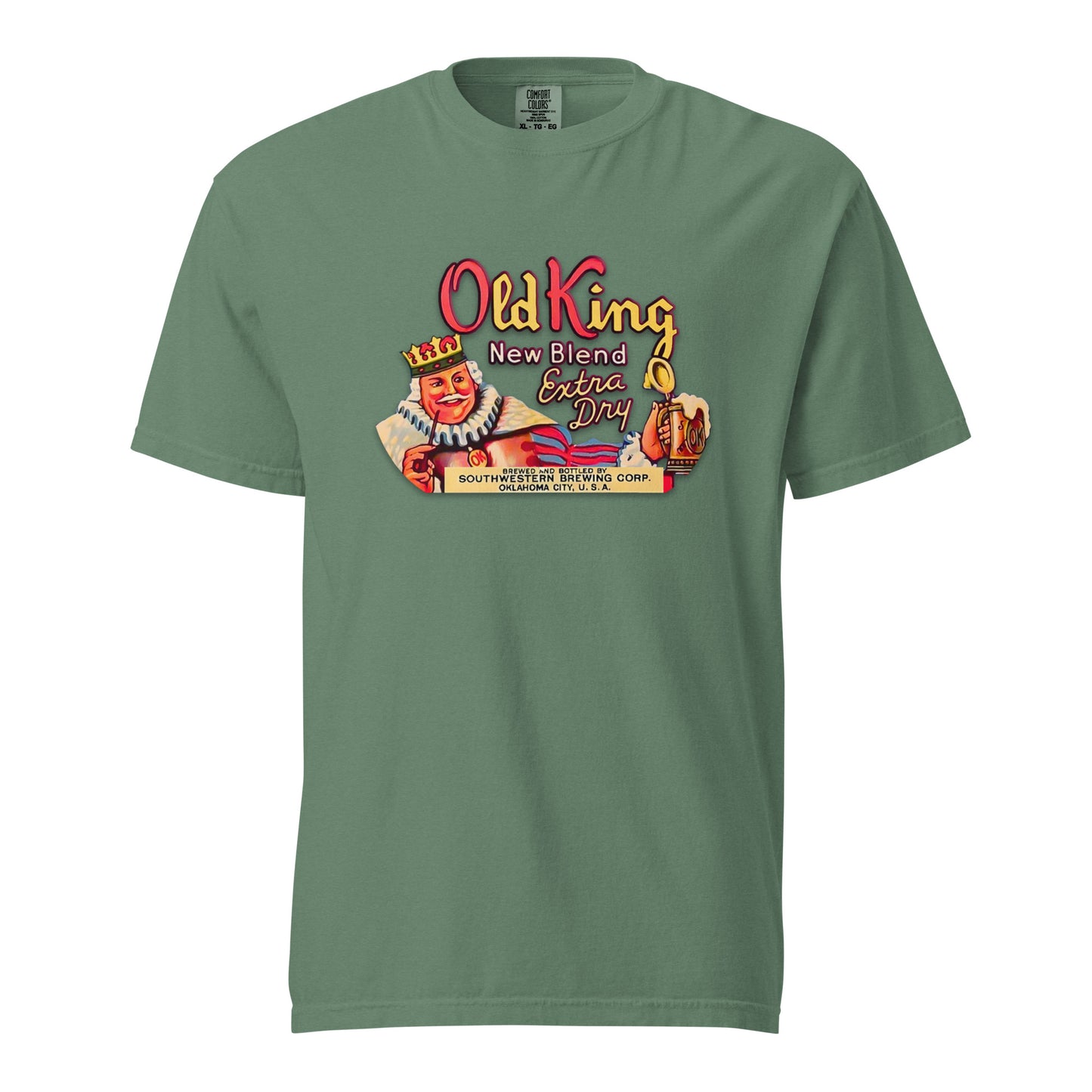 Comfort Colors t-shirt with vintage Old King Beer artwork featuring crowned king, beer stein, and “New Blend Extra Dry” label design