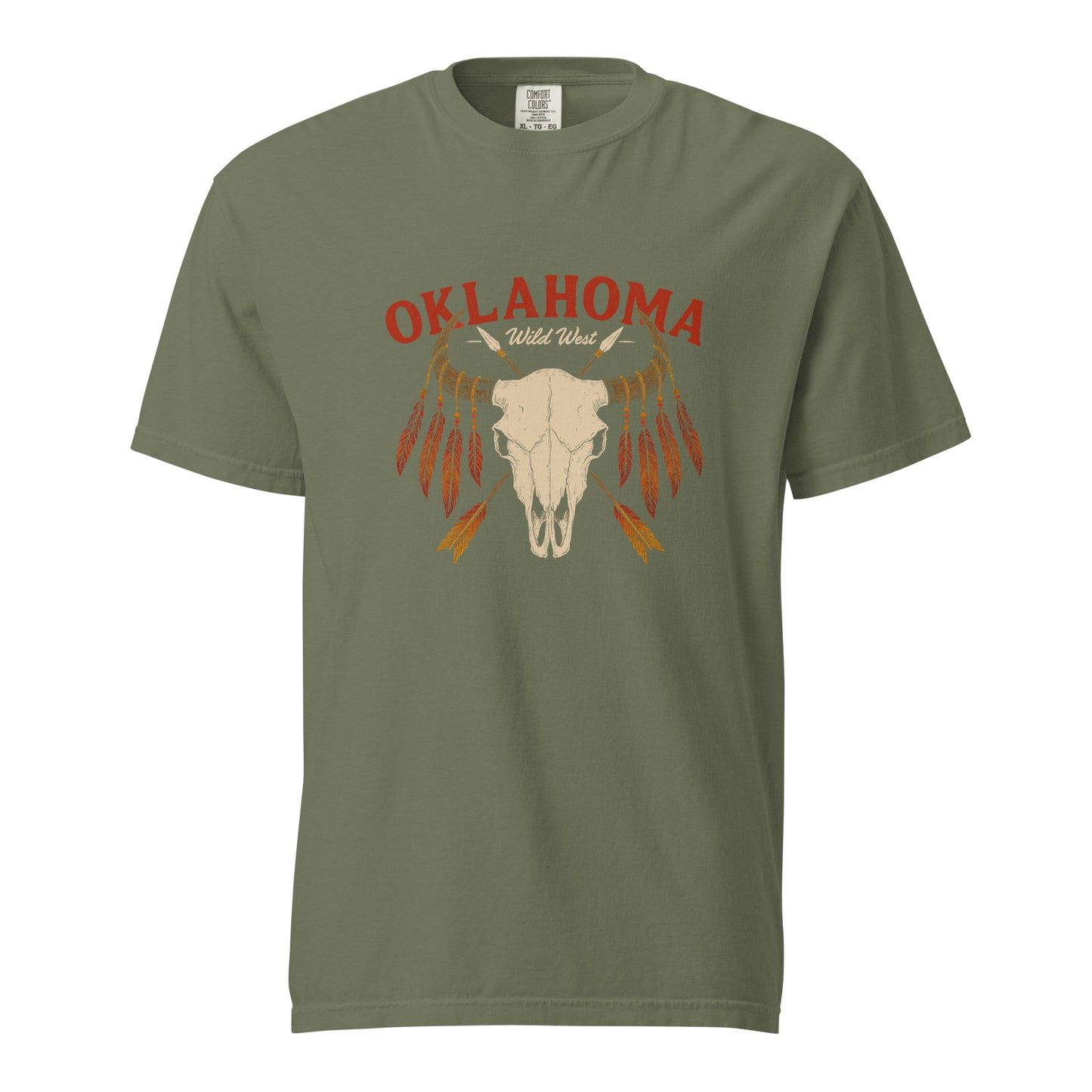 Comfort Colors t-shirt with bison skull, crossed spears, and red-orange feather design above “Oklahoma Wild West” text