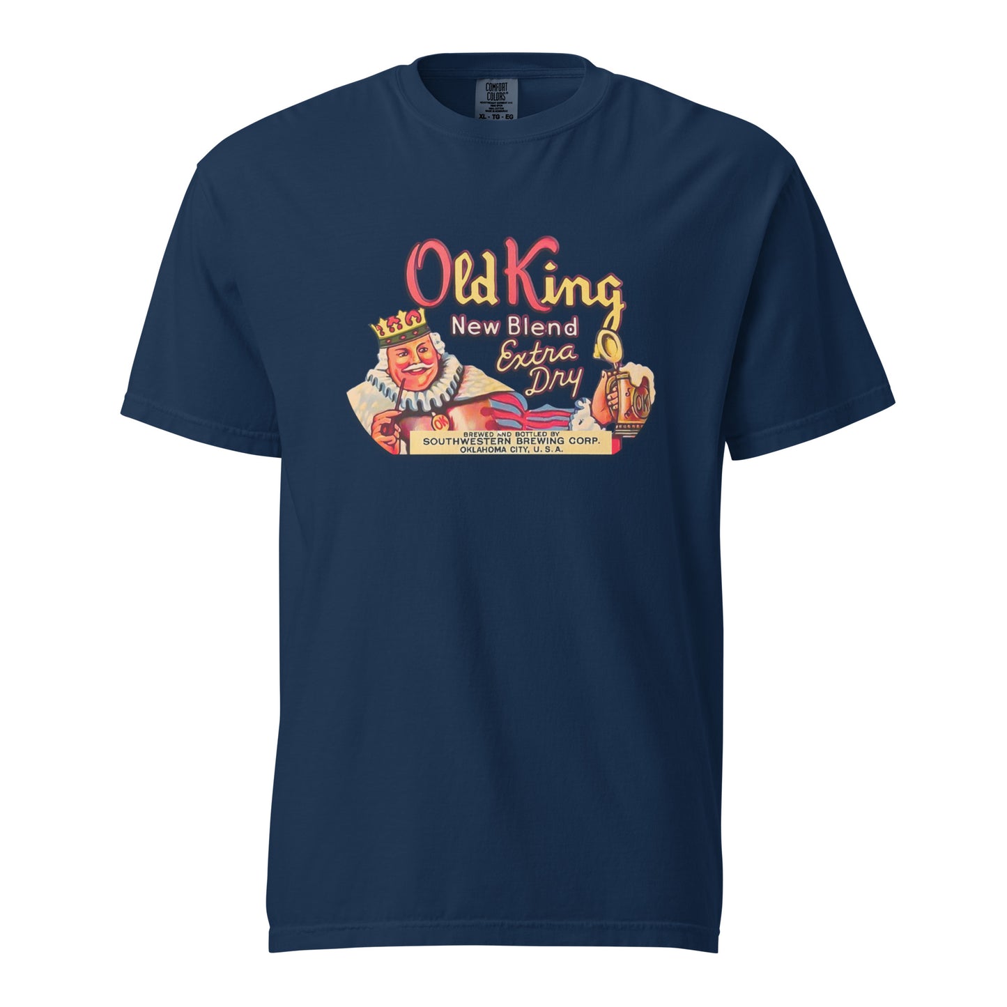 ProductComfort Colors t-shirt with vintage Old King Beer artwork featuring crowned king, beer stein, and “New Blend Extra Dry” label design mockup