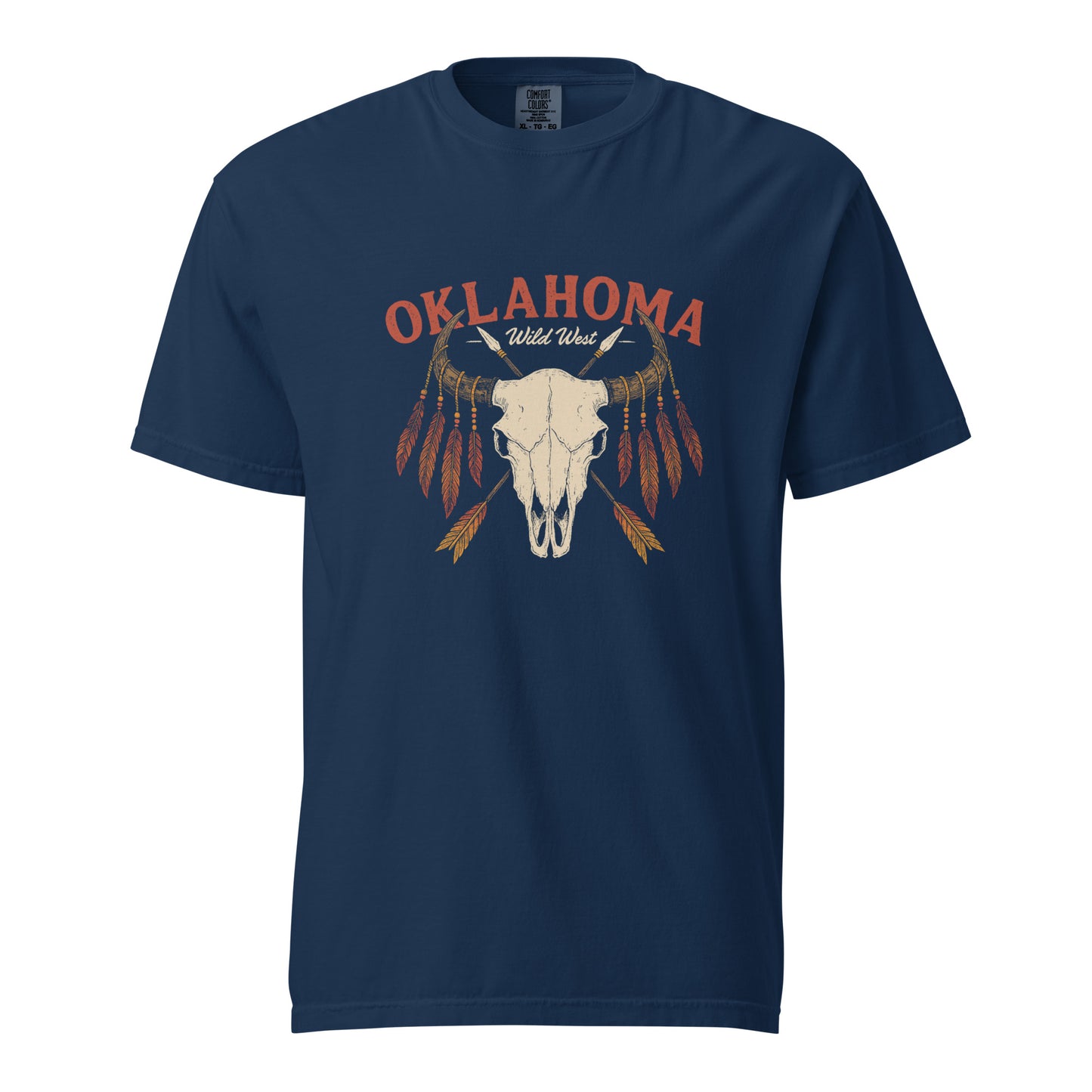 Comfort Colors t-shirt with bison skull, crossed spears, and red-orange feather design above “Oklahoma Wild West” text