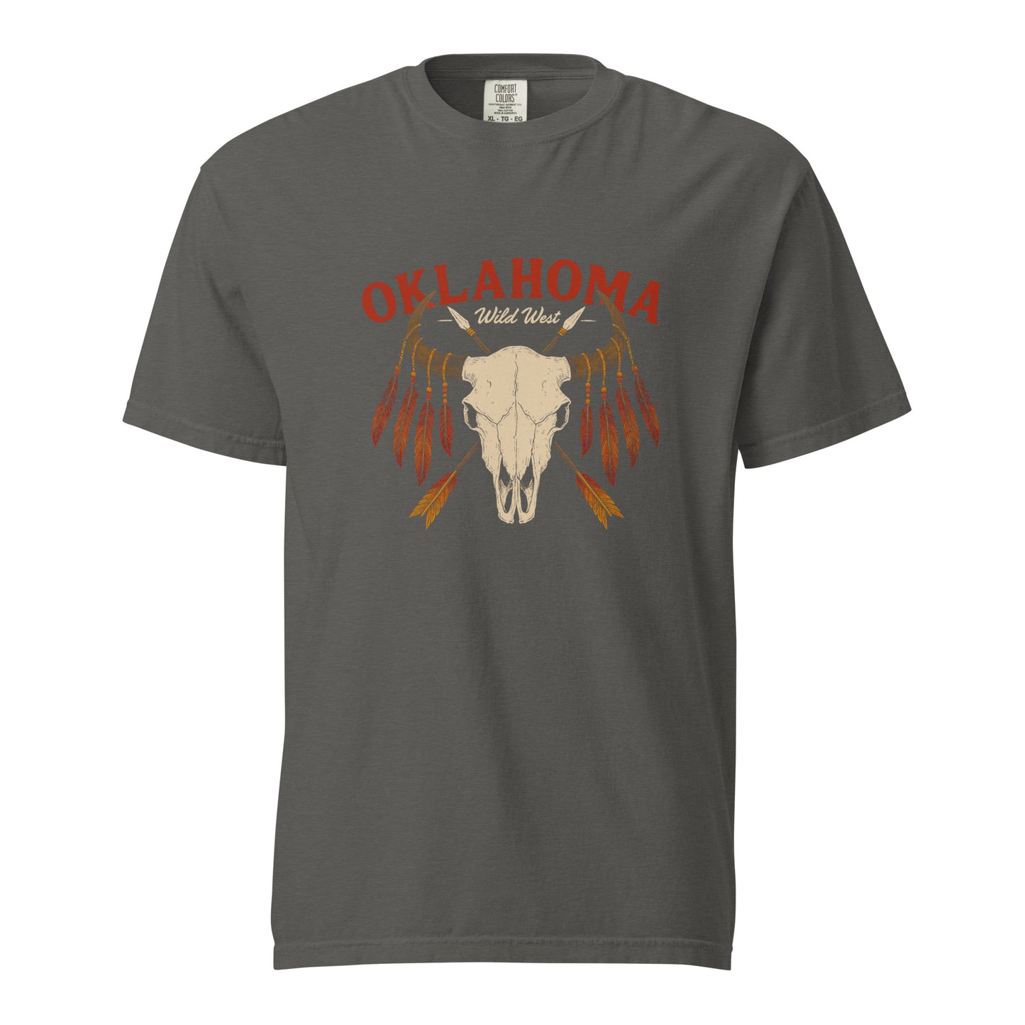 Comfort Colors t-shirt with bison skull, crossed spears, and red-orange feather design above “Oklahoma Wild West” text