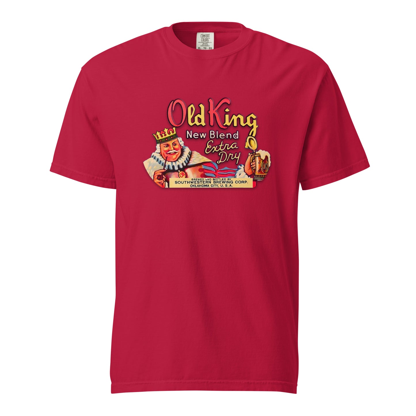 Comfort Colors t-shirt with vintage Old King Beer artwork featuring crowned king, beer stein, and “New Blend Extra Dry” label design