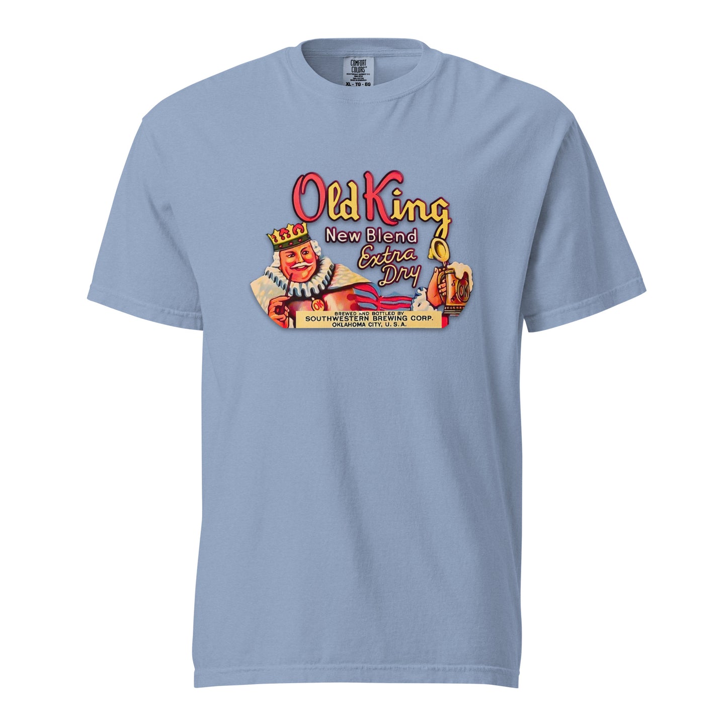 Comfort Colors t-shirt with vintage Old King Beer artwork featuring crowned king, beer stein, and “New Blend Extra Dry” label design