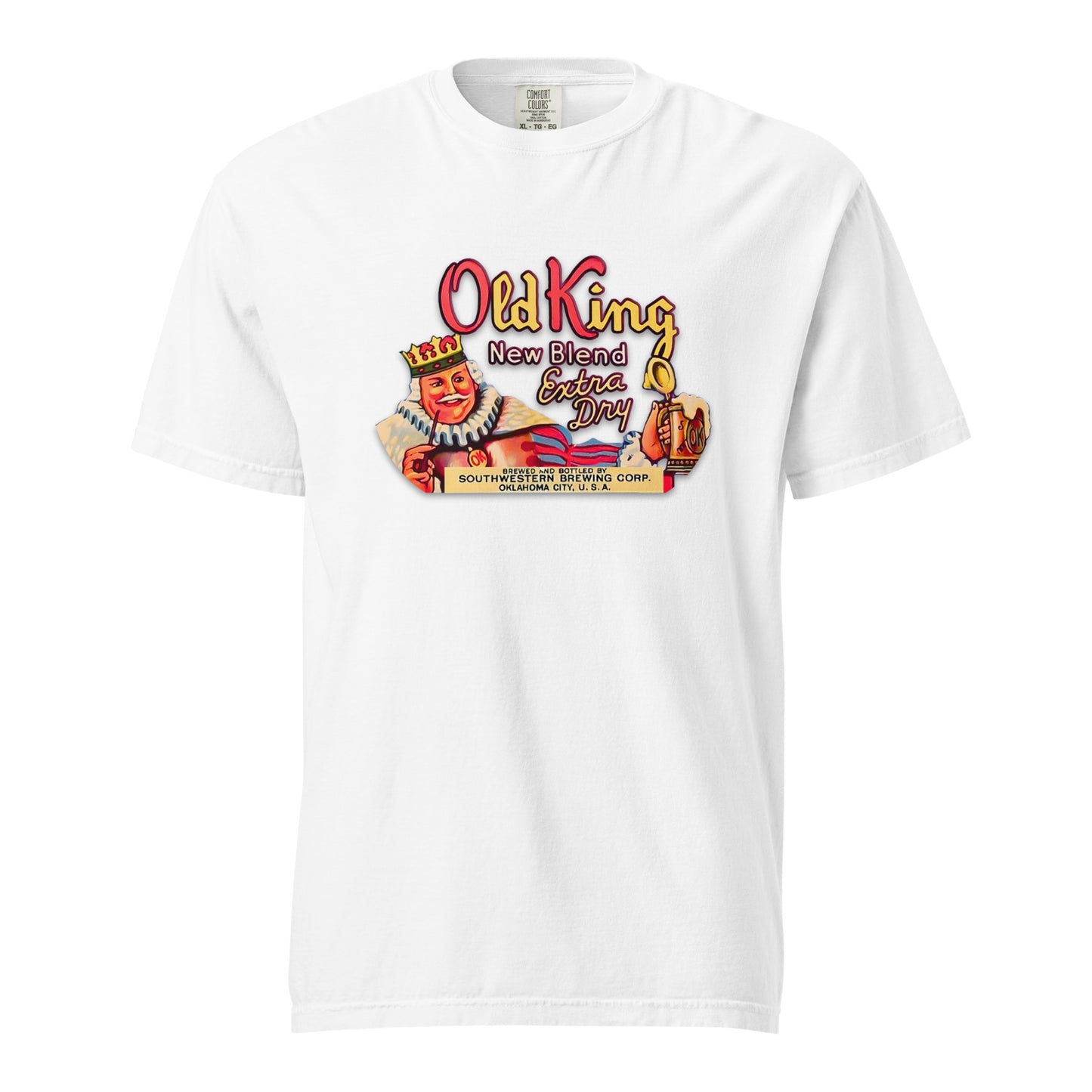 Comfort Colors t-shirt with vintage Old King Beer artwork featuring crowned king, beer stein, and “New Blend Extra Dry” label design