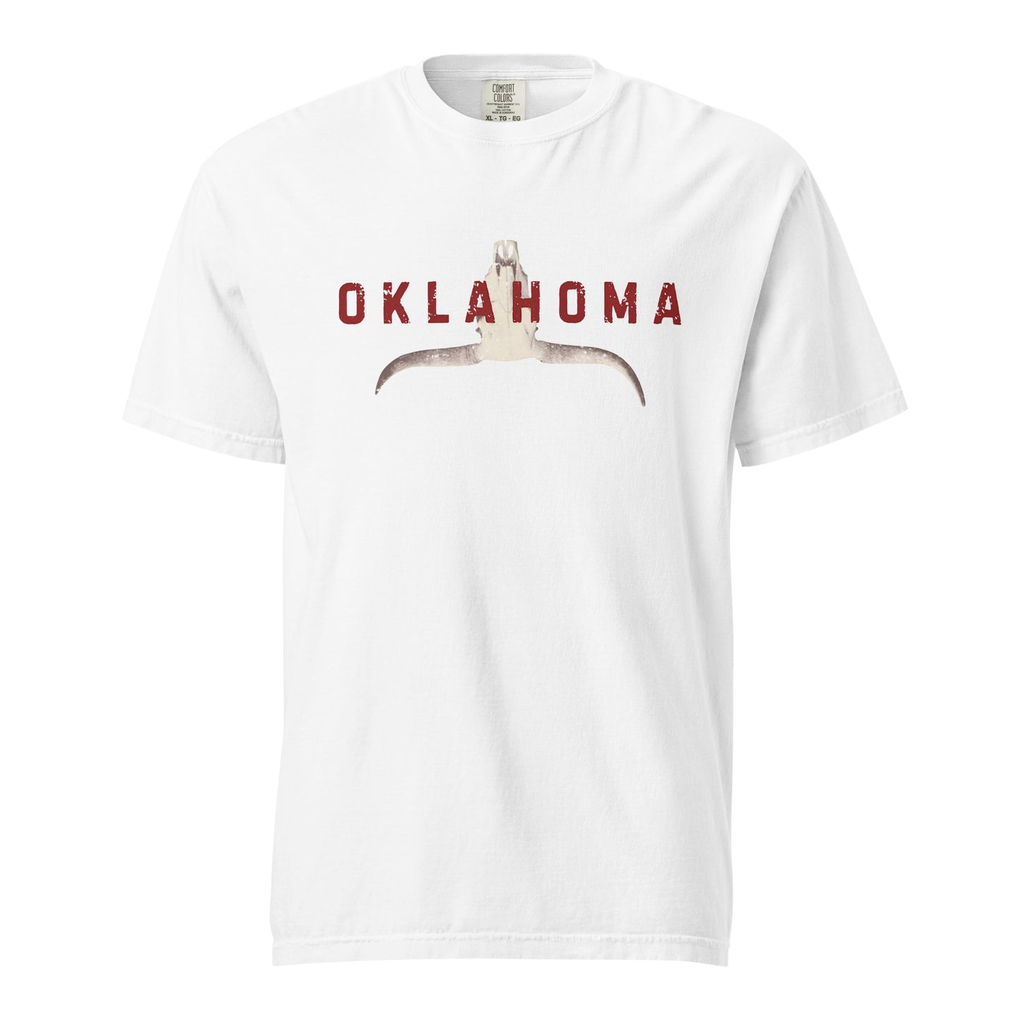 t-shirt featuring a stylized longhorn skull with "Oklahoma" in distressed lettering across the chest.