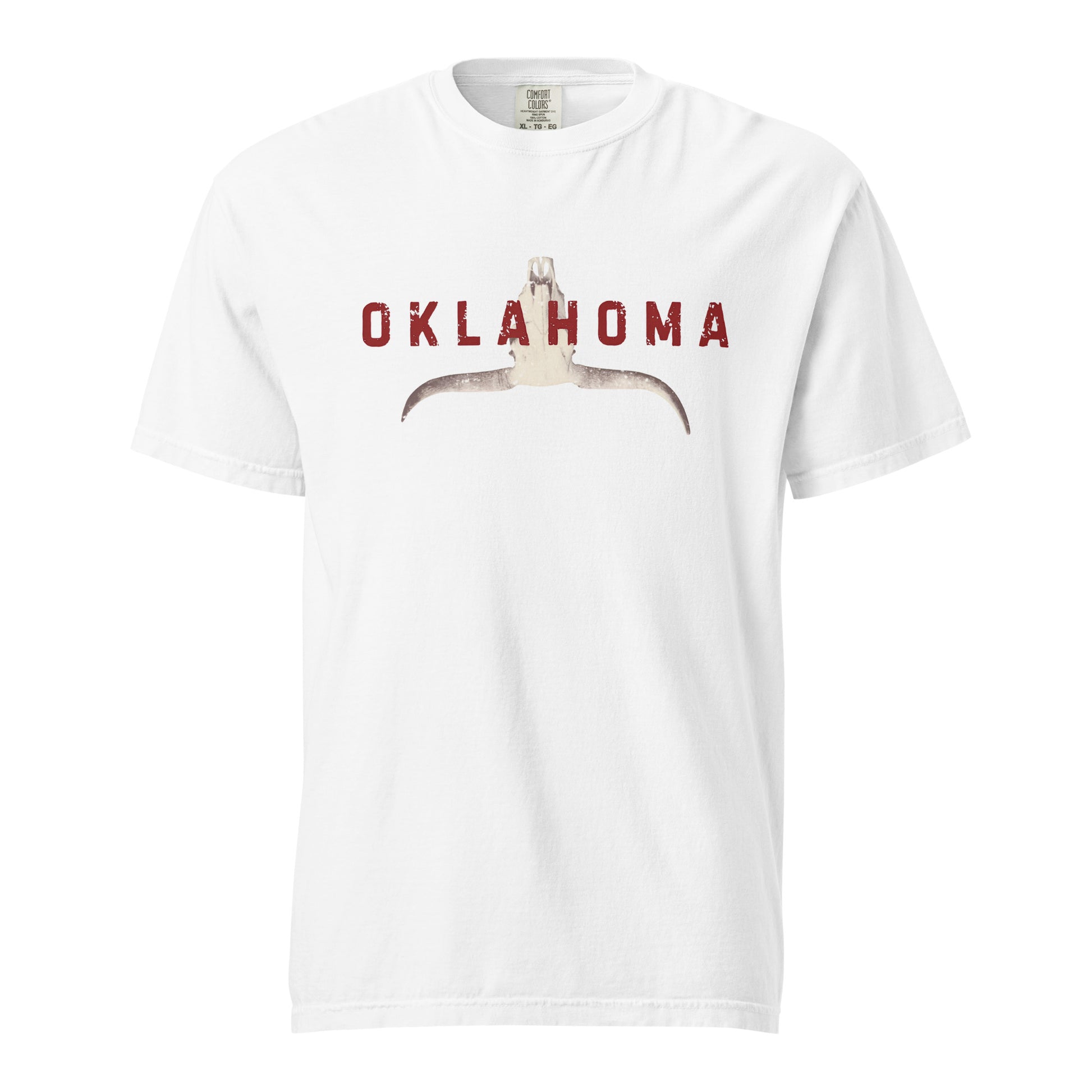 t-shirt featuring a stylized longhorn skull with "Oklahoma" in distressed lettering across the chest.