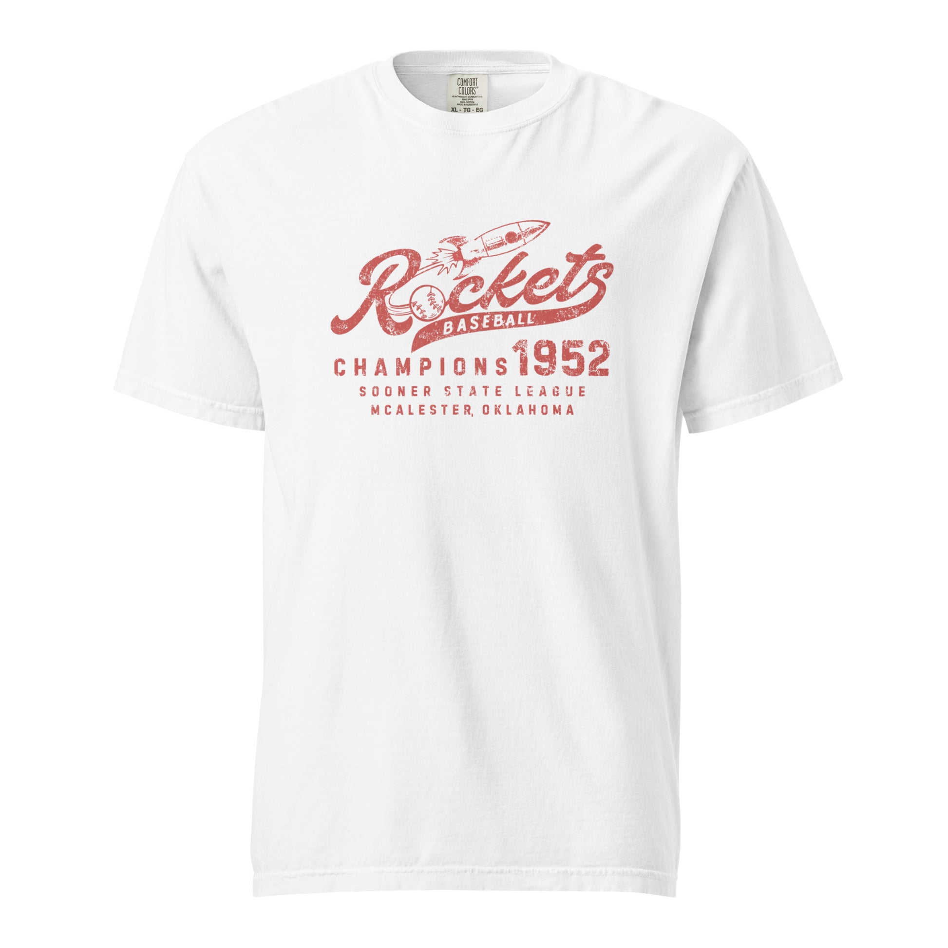Honor McAlester’s baseball past with the Rockets tee. This heavyweight Comfort Colors shirt pays tribute to the Oklahoma Rockets—a semi-pro team from southeastern Oklahoma. Garment-dyed, made from 100% ring-spun cotton, and printed in the USA.