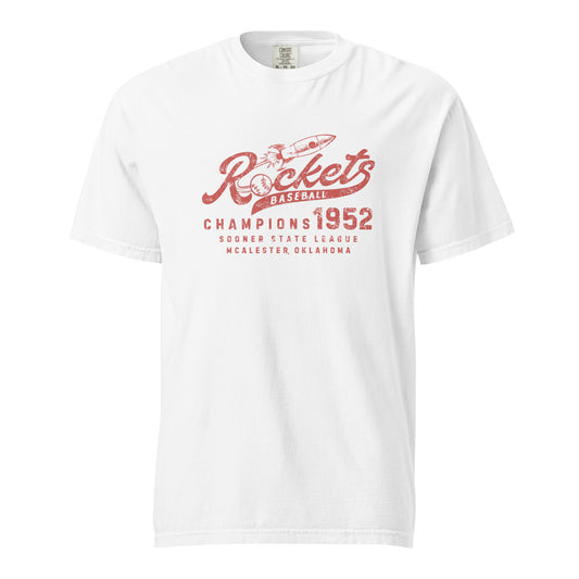 Honor McAlester’s baseball past with the Rockets tee. This heavyweight Comfort Colors shirt pays tribute to the Oklahoma Rockets—a semi-pro team from southeastern Oklahoma. Garment-dyed, made from 100% ring-spun cotton, and printed in the USA.