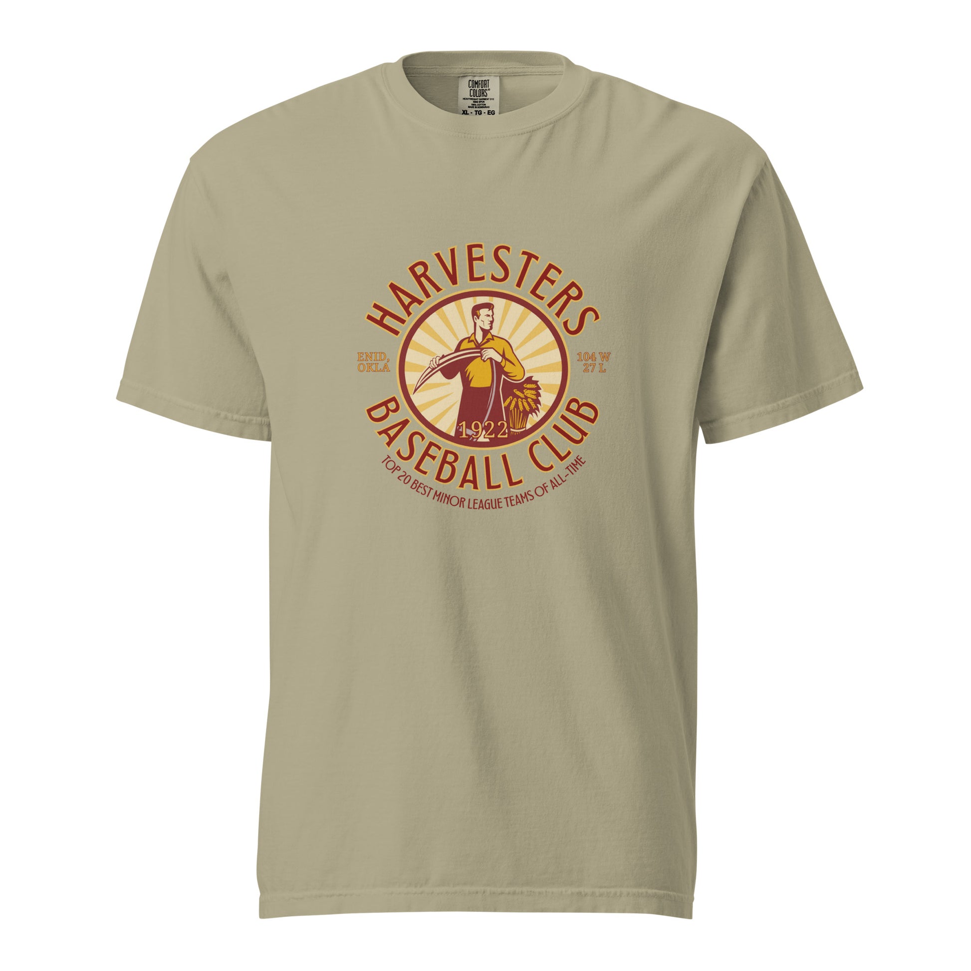 Comfort Colors t-shirt featuring Enid Harvesters 1922 Baseball Club design with vintage player, wheat graphic, and “Top 20 Best Minor League Teams” text