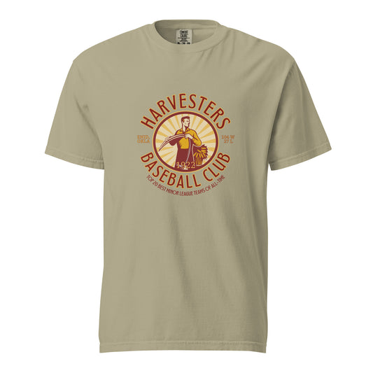 Comfort Colors t-shirt featuring Enid Harvesters 1922 Baseball Club design with vintage player, wheat graphic, and “Top 20 Best Minor League Teams” text