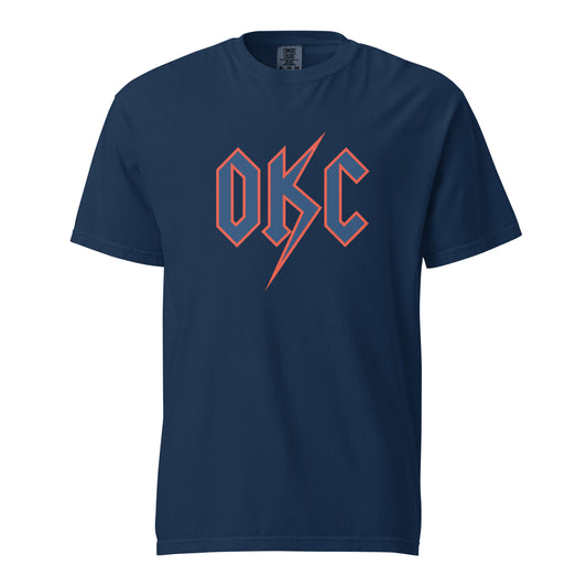 Comfort Colors t-shirt with blue hand holding three fingers up, surrounded by red lightning bursts, basketball fan design