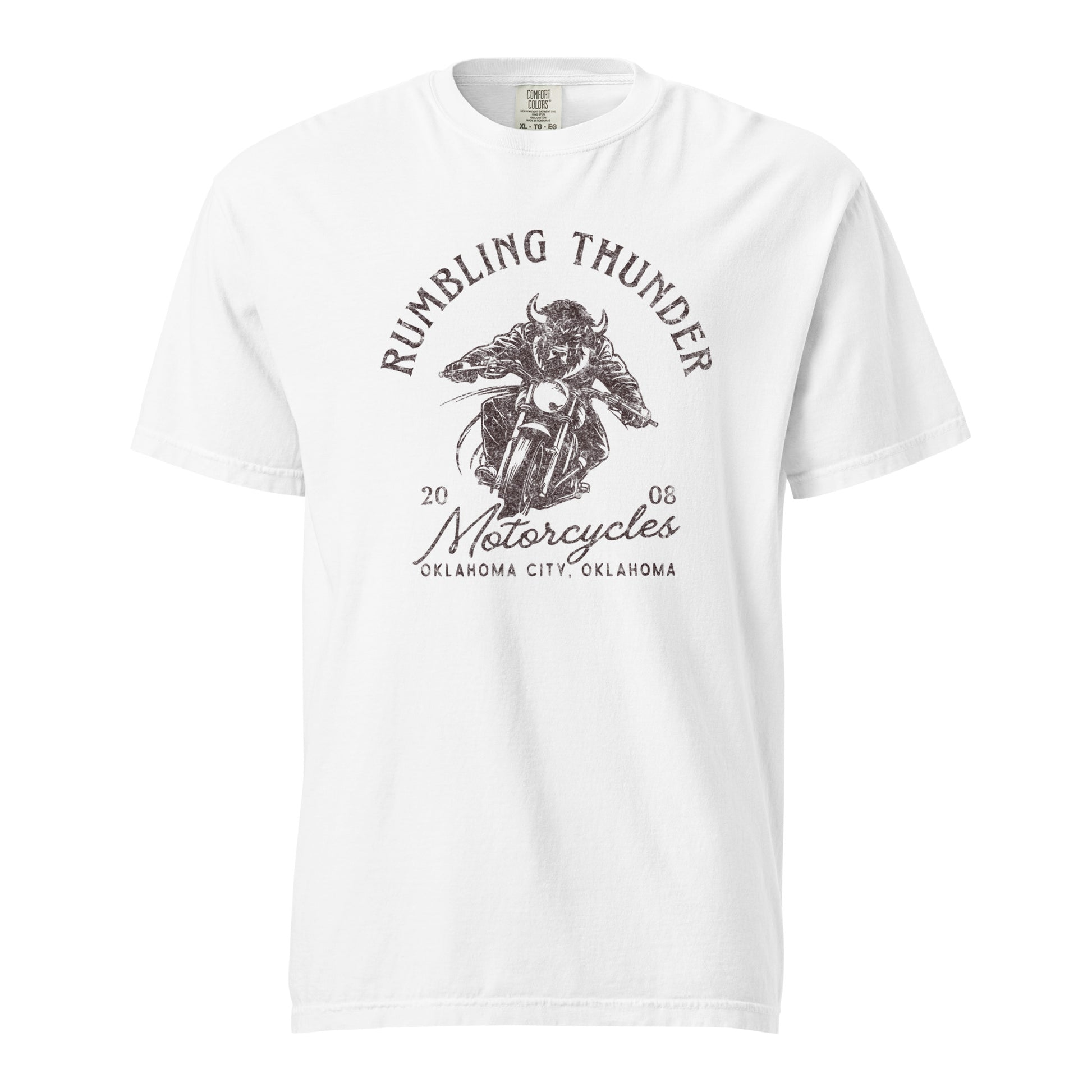 Feel OKC’s pulse in the Rumbling Thunder Motorcycles tee. Garment‑dyed Comfort Colors heavyweight shirt that channels the power of thunder, charging bison herds, and roaring fans. Made of soft ring‑spun cotton, printed in the USA, born from the “Rumbling Thunder” story.
