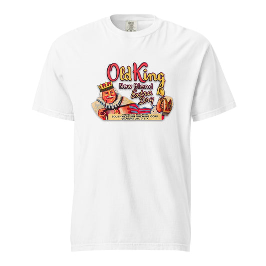 Comfort Colors t-shirt with vintage Old King Beer artwork featuring crowned king, beer stein, and “New Blend Extra Dry” label design