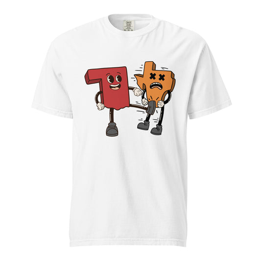 Cartoon of Oklahoma kicking Texas — Red Oklahoma figure happily kicking a distressed orange Texas figure with cartoon faces, symbolizing the OU-Texas football rivalry.