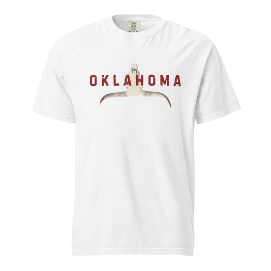 t-shirt featuring a stylized longhorn skull with "Oklahoma" in distressed lettering across the chest.